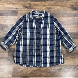 Foxcroft Womens Shirt Size 14 Blue Plaid 3/4 Sleeve Shaped Stretch Button Up